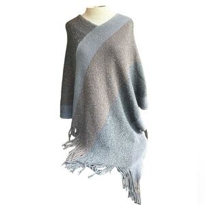 Color block poncho with fringes one size, v neck